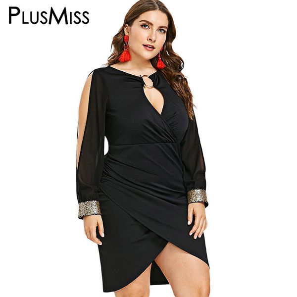 

plusmiss plus size 5xl hollow out split bodycon mini short dress women big size sequin elegant evening party dresses xxxxl, Black;gray