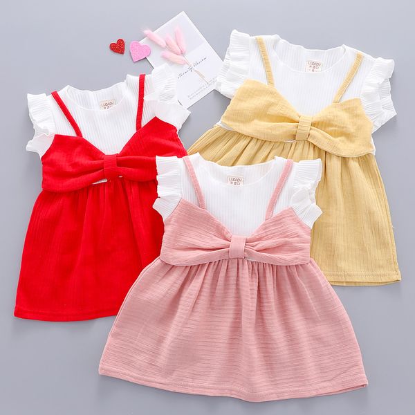 

new fashion toddler baby girls bowknot short sleeve sweet dress solid party casual tutu dress cute, Red;yellow