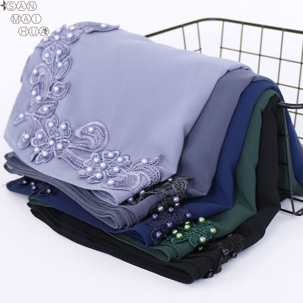 

70*180cm chiffon hijab scarf with pearls femme musulman long shawls islamic headscarf clothing muslim embroidery hijabs, Red