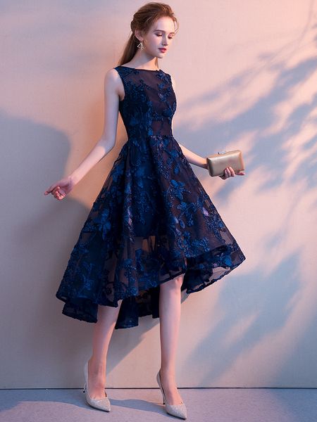 

elegant navy blue appliques high low long evening dresses prom gowns special occasion formal party dress vestido de festa 2019, White;black