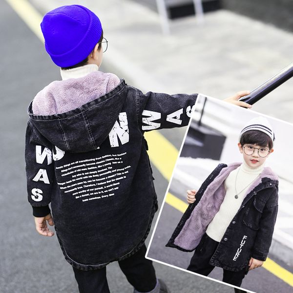 

children's clothing winter denim thickening jacket new boy cotton plus velvet trench coat baby long outwear3-10 years old, Blue;gray