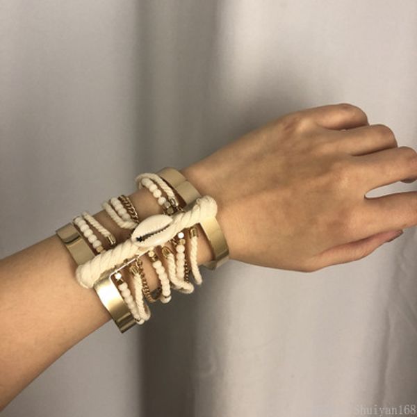 

punk shell open bracelets multilayer charm bangle winding rope wrap exaggerated ethnic wide cuff bangles chunky bracelets vintage jewelry, Golden;silver