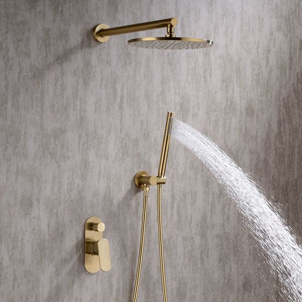 Badezimmer-Duschset aus gebürstetem Gold, 20,3–25,4 cm, Rianfall Duschkopf, Wasserhahn, Wandmontage, Duscharmatur, Umsteller