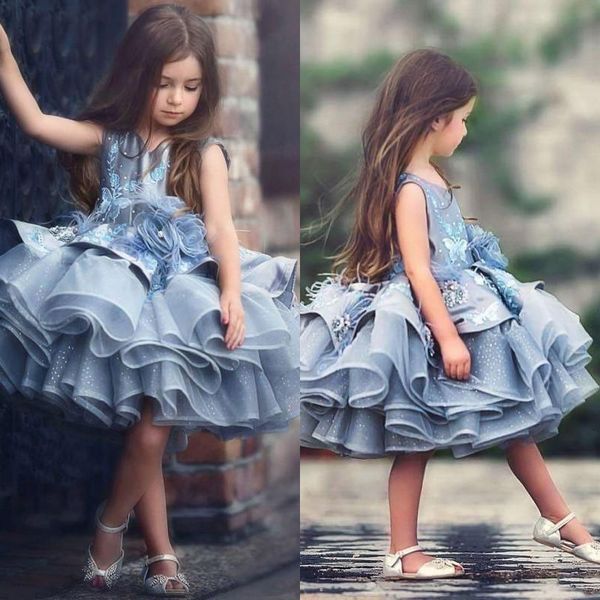 

adorable baby kids blue tiered tutu short pageant dresses princess 2020 glitz tulle puffy flowers girl dresses dubai formal party dress, White;blue