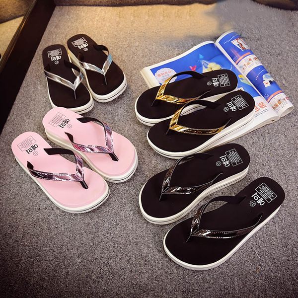 

beach sandals wedge platform thongs slip women's fashion outdoor mid-heels slippers wild solid color clip toe shoes zapatos, Black