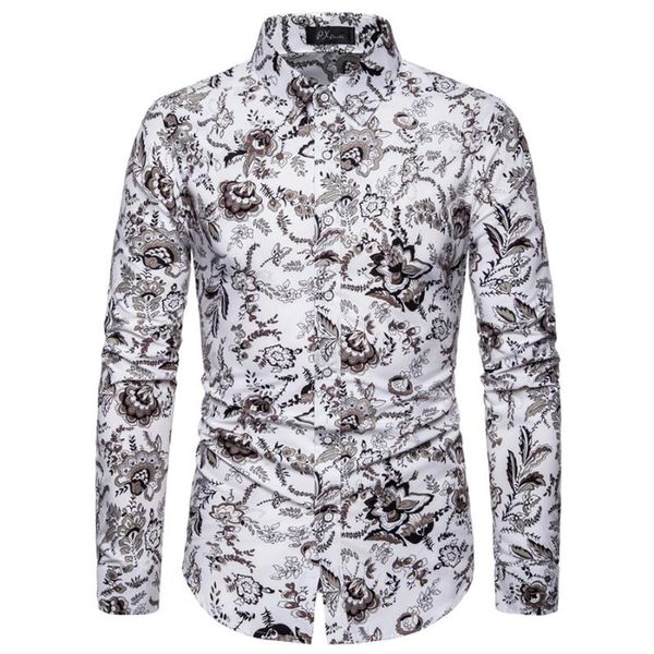 

2020 fashion new men's casual long sleeve printed flower shirt / men's slim beach floral shirt, White;black