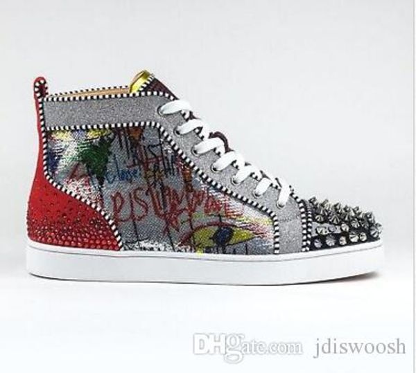 

[Real Photo]Women Red Bottom Sneakers Men Shoes Luxury Print Silver Pik Pik No Limit RARE studs and rhinestones Sequin graffiti Glitter red