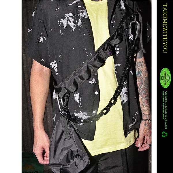 

multi-functional men messenger bag waterproof small black hip hop streetwear bag with chains fashion mens tactical shoulder