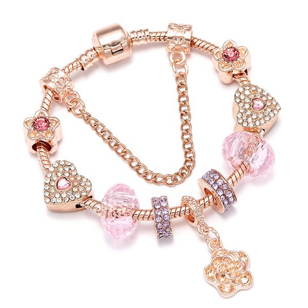 

новая мода розовый кристалл бусины роза цветок кулон розовое золото браслет подходит для змея цепи diy изысканные женщины ювелирные изделия, Golden;silver