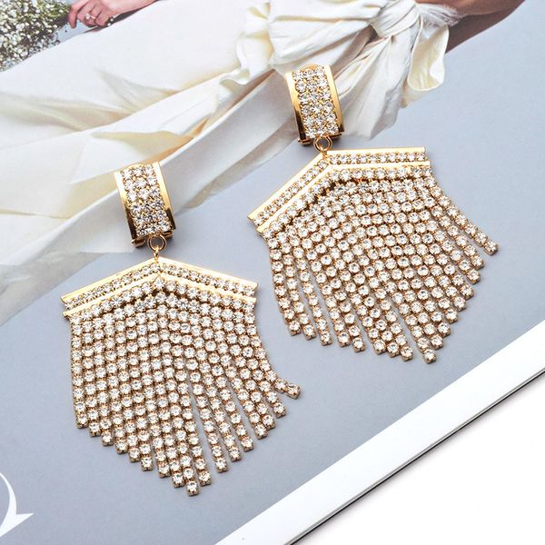

high-quality gold metal clear rhinestone long drop earrings dangle crystal chain tassel jewelry accessories for women wholesale, Silver