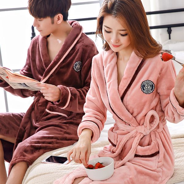 

lovers dress for men and women warm super soft flannel coral fleece long bath robe mens kimono bathrobe male dressing gown robes, Black;red