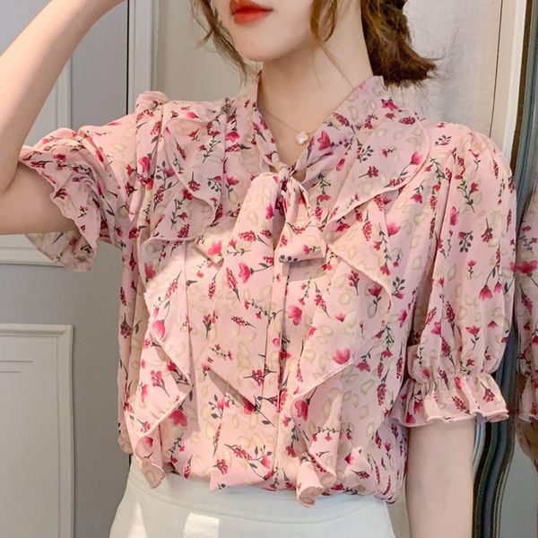 

blusas femininas elegante 2020 ladies chiffon shirts for women and blouse ruffles bow flare sleeve pink korean 0648, White