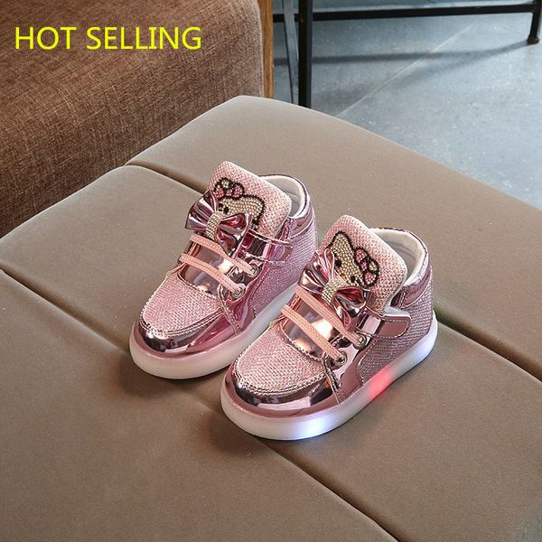 

fashion new spring autumn children glowing sneakers kids shoes chaussure enfant hello kitty girls shoes with led light 21-30, Black