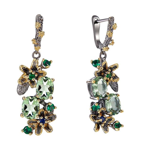 

beautiful dangle earrings light oval green cubic zirconia stones flower leaf jewellery black gold color jewelry drop earring, Silver