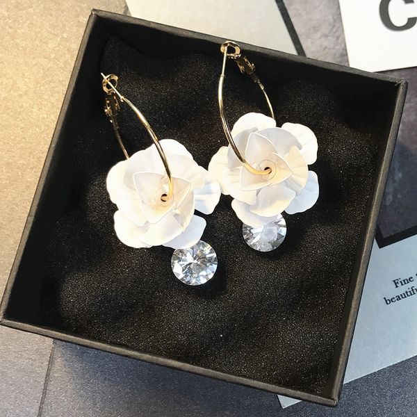 

fyuan fashion korean style round hoop earrings white flowers earrings elegant shiny zircon for women party jewelry gift, Golden;silver
