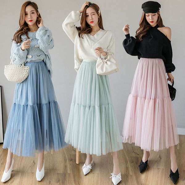 

spring 2020 sweet women tulle mesh skirts high waist elascity solid casual party skirt ladies long maxi midi pleated skirt, Black