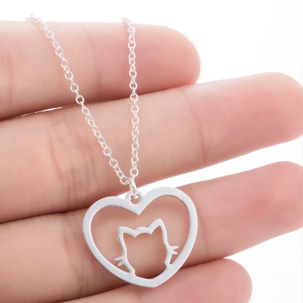 

hfarich korean style hollow cat in the heart chain stainless steel necklace for women elegant statement necklace gift femme, Silver