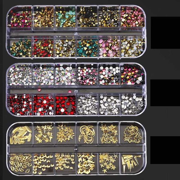 

hollow studs nail art rhinestone gold silver clear flat bottom mixed shape diy nail art 3d decoration 12 box/set ing, Silver;gold