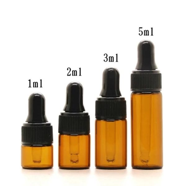 Bottiglie contagocce in vetro ambrato da 5 ml all'ingrosso con tappo nero, bottiglia di olio essenziale, piccole fiale di profumo, deposito di campionamento