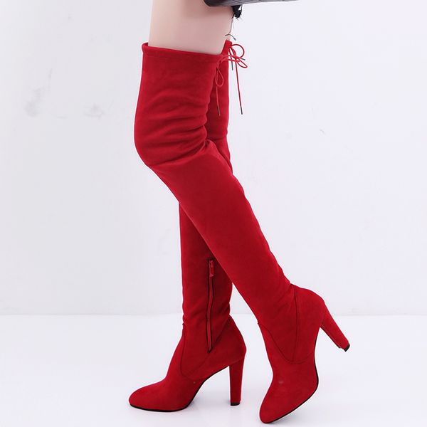 

plus size 35-53 nice new over the knee boots women autumn red grey black shoes woman high heels female dress elastic fabric boot