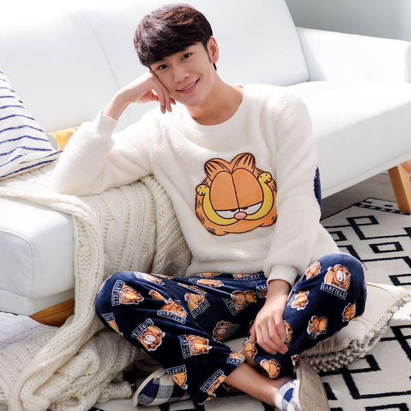 

quality winter flannel warm long men's pajama sets thicken men sleepwear coral fleece cartoon sleepwear fashion male loungewear, Black;brown