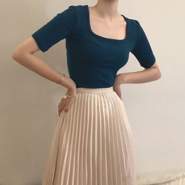 

manya slim collarbone in early autumn coat t-shirt heart design style square collar french short t-shirt stretch female, White