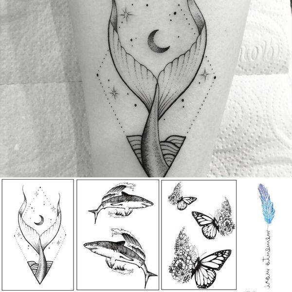Watercolor Drawing Animal Tattoo Sticker Cat Moon Girl Pattern