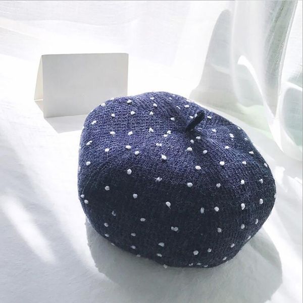

solid color wool knitted berets with beads fashion vintage women's beret ladies french artist beanie berets hat flat cap, Blue;gray