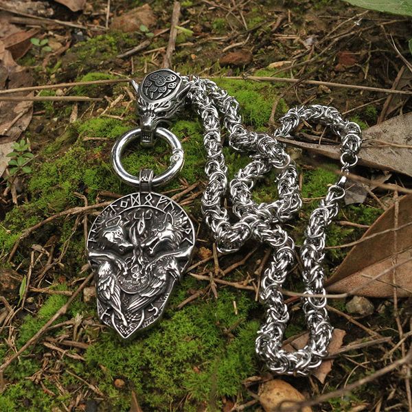 

1pcs stainless steel two raven sigil pendant two wolves tree of life and norse vegvisir jewelry viking wolf head men necklace, Silver
