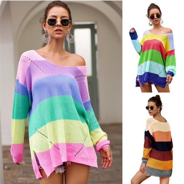 

knitted women sweater hoodies rainbow patchwork sweatshirt autumn long sleeve sweaters pullover loose sweatshirts knitting blouse s-xl, White