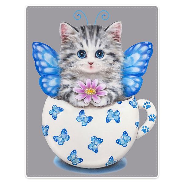 

blanket comfort warmth soft plush throw cute cat in the cup blue butterfly