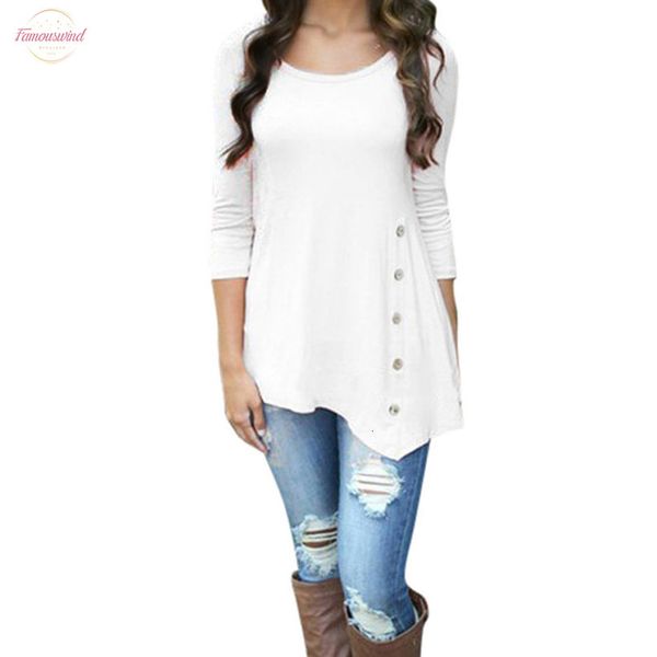 

new tshirt women long sleeve loose button shirt female trim color round neck irregular tunic autumn spring cotton top, White