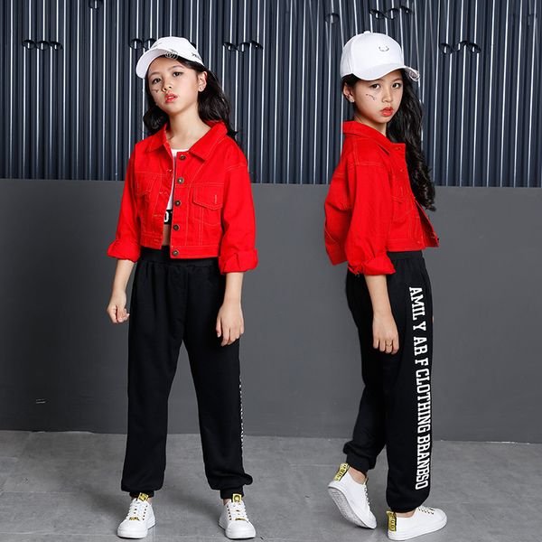 

kids hip hop clothing ballroom dance clothes for girls jazz dance costumes denim coat crop tank pants streetwear dancewear, Black;red