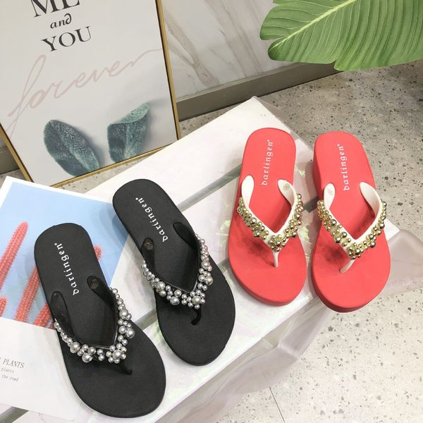 

beach flip flops 2019 clip toe rhinestone sandals tong summer shoes wedges crystal tip binding skid resistance heels, Black