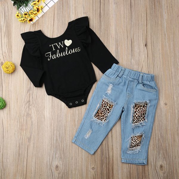 

fall autumn 1-6years 2pcs toddler kids baby girl black ruffle romper+denim pants winter outfits clothes set, White
