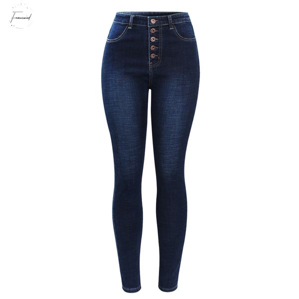 

new jeans trousers arrived high waist for solid women stretchy dark blue button fly denim skinny pants