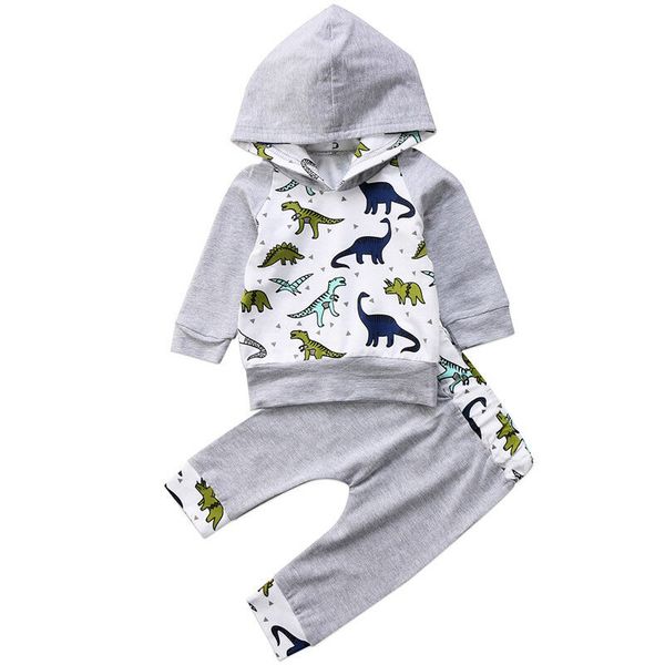 

newborn baby kid boy hooded dinosaur shirt+pant outfit tracksuit clothes, White
