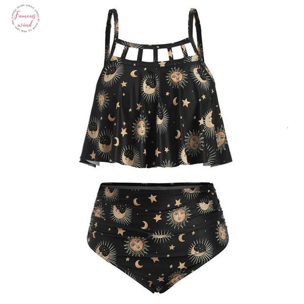 

summer women print split swimsuit sun stars moon flounce runched tankini swimwear high waisted bikini set black  xxl amp;xs, White;black