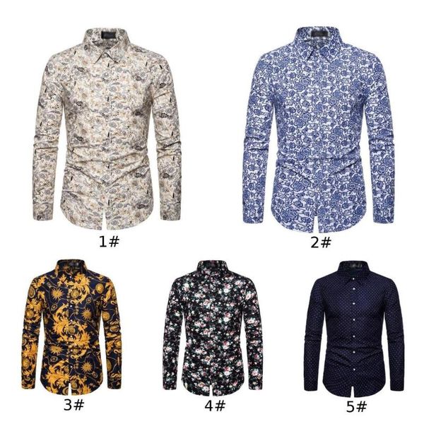 

men's casual business shirts spring new men lapel button-down single-breasted shirt long sleeve slim print, White;black