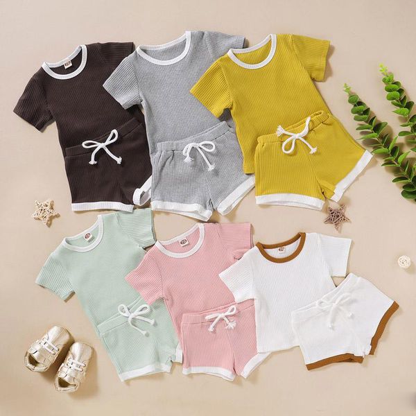 Çocuklar Bebek Şort Suits 6 Renkler Katı tişört Çocuk Çocuk Tasarımcı Giyim Kız Bebek Boy Splice Kıyafetler Bebek Gündelik Giyim Tops