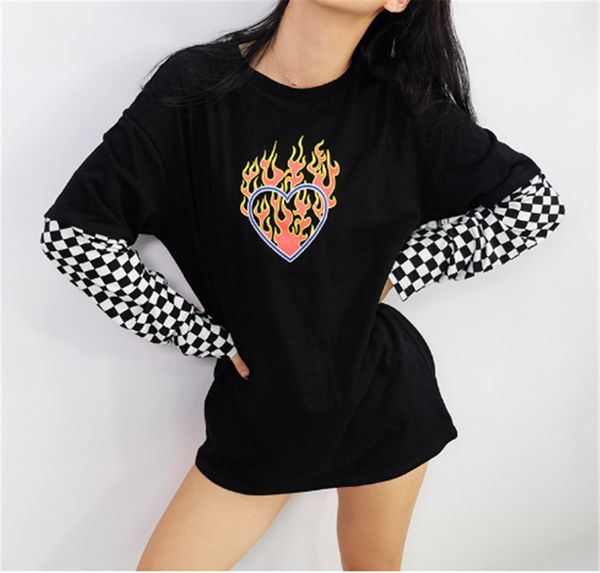 

women plaid patchwork long sleeve flaming heart print sweatshirt autumn spring black checkerboard pullover hoodies o-neck 2019