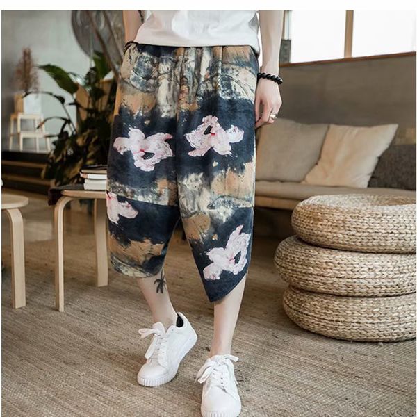 

hip-hop men elastic waist large size cropped kimono pants casual loose sport street joggers dance overalls pants, Black