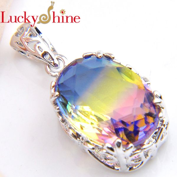 

luckyshine fashion rainbow bi-colored tourmaline crystal zirconia silver women engagement gift pendant necklace
