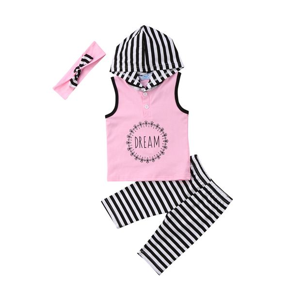 

summer fashion casual 3pcs toddler baby girls sleeveless hooded pullover letter pink shirt striped pants headband 1-6y, White