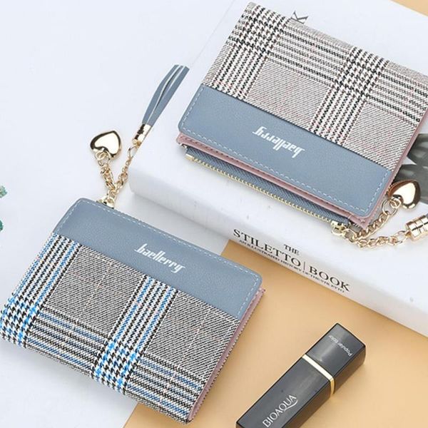 

fashion female lady striped pu leather short tassel card bag lady's short zip purse striped three-fold change wallet, Red;black