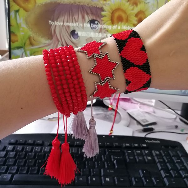 

shinusboho 3pcs/set star charm tassel jewelry miyuki bracelet for women delica bead with red heart pulseras men moda mujer 2019, Golden;silver