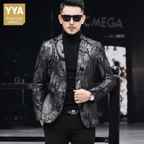 

brand genuine leather sheepskin personality printed mens blazers long sleeve single breasted slim casual blazer plus size, White;black