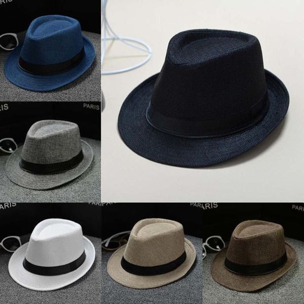 

summer vintage paper straw crushable fedora cap panama wide brim packable summer sun hat, Blue;gray