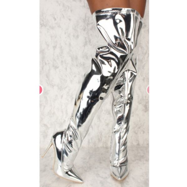 

зеркало pu над коленом женские сапоги супер высокие каблуки острый носок ботинок женская обувь новая зимняя теплая обувь плюс размер тонкие, Black