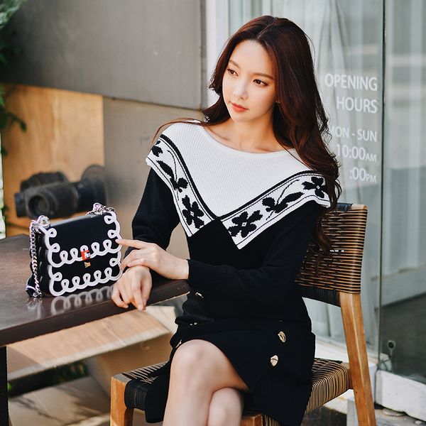 

dabuwawa women autumn winter embroidery knitting sweater elegant long sleeve vintage splicing pullover sweaters female d18dkt050, White;black
